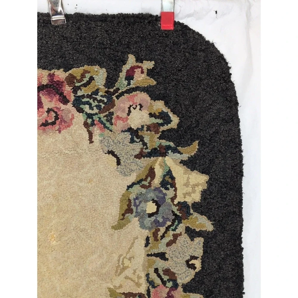 Vintage Hooked Rug Wool Early  Black Floral Pattern Oval 34